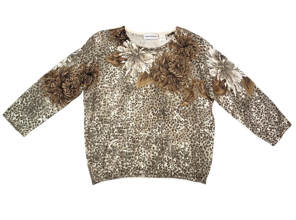 Alfred Dunner Women’s Long Sleeve Knit Top Size L Floral Leopard Pattern Brown